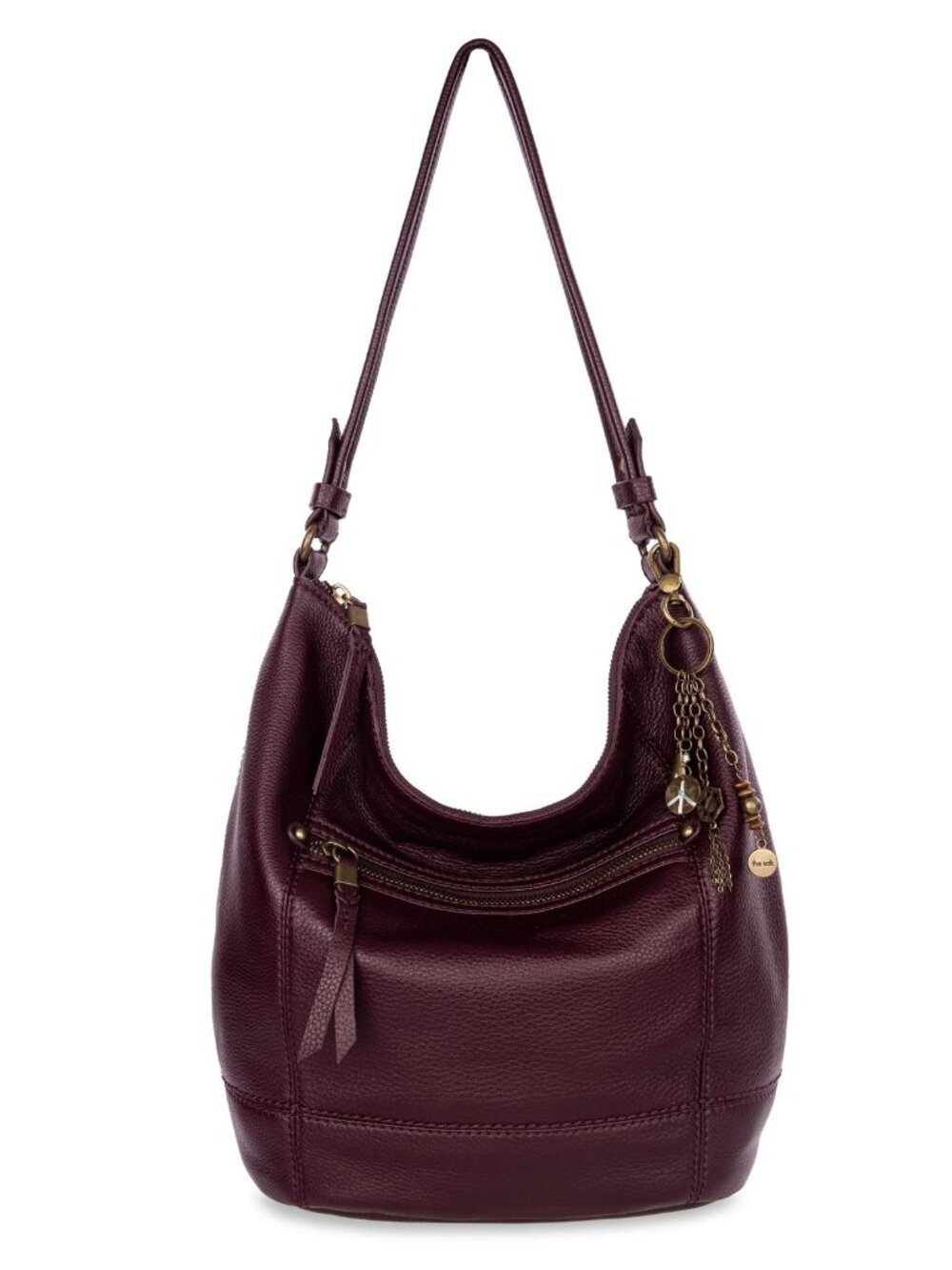 The Sak Sequoia Hobo Burgundy Wine Leather Boho Slouch Shoulder Bag Charms NWT